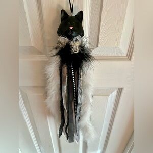Halloween Black Cat Feathers Ribbons Gems Pearls Glam Kitty 17”